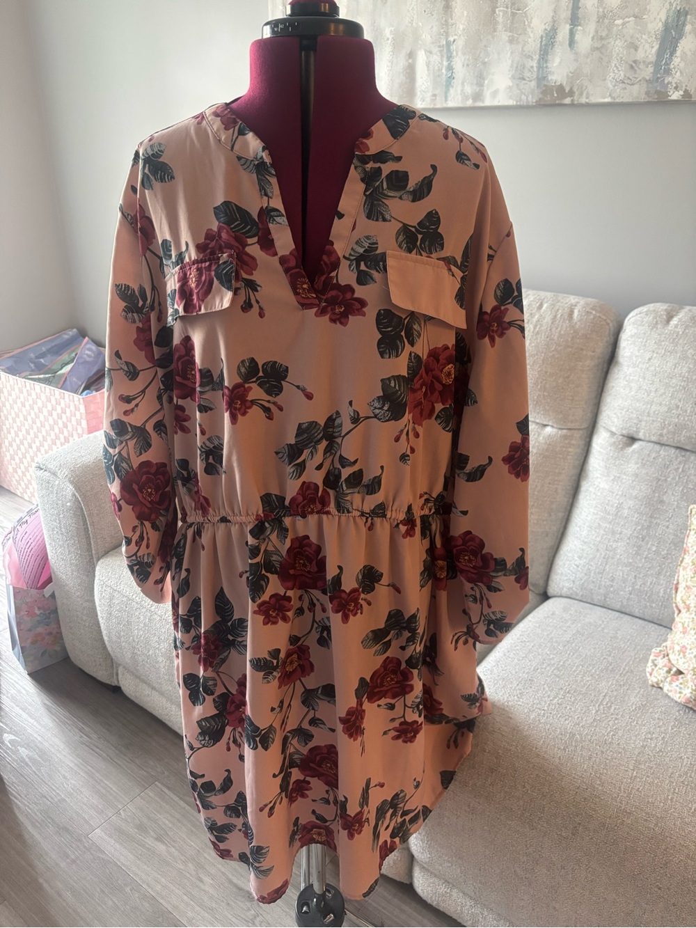 Floral Pink Long Sleeve V-Neck Dress/Tunic